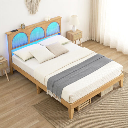 💹Queen Bed Frame with Natural Rattan Headboard Queen Size Platform Bed Frame LE