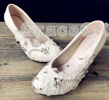 Lace white ivory crystal Wedding shoes Bridal flats low high heel pump size 5-12