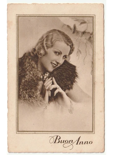 1933 Female Girl Blonde fur Collar Photo Card Happy Year