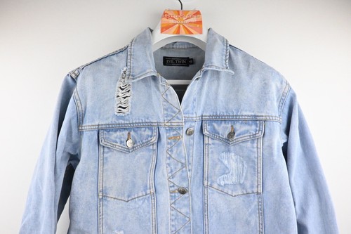 Evil Twin oversized longline raw edge denim jacket in antique blue size S/UK10 - Picture 2 of 15
