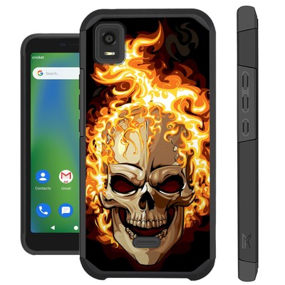 FUSION Case For Cricket Vision Plus 2022 Hybrid Phone Cover SKULL FLAME