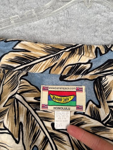 VINTAGE Banana Jack Shirt Adult 2XL XXL Blue Beige Floral Leaf Cotton Hawaiian - Picture 3 of 15