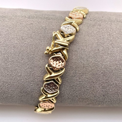 Hollow 9ct 3-Tone Diamond Cut Pattern Fancy Link Bracelet 19.5cm 9.3g Preloved - Picture 4 of 18