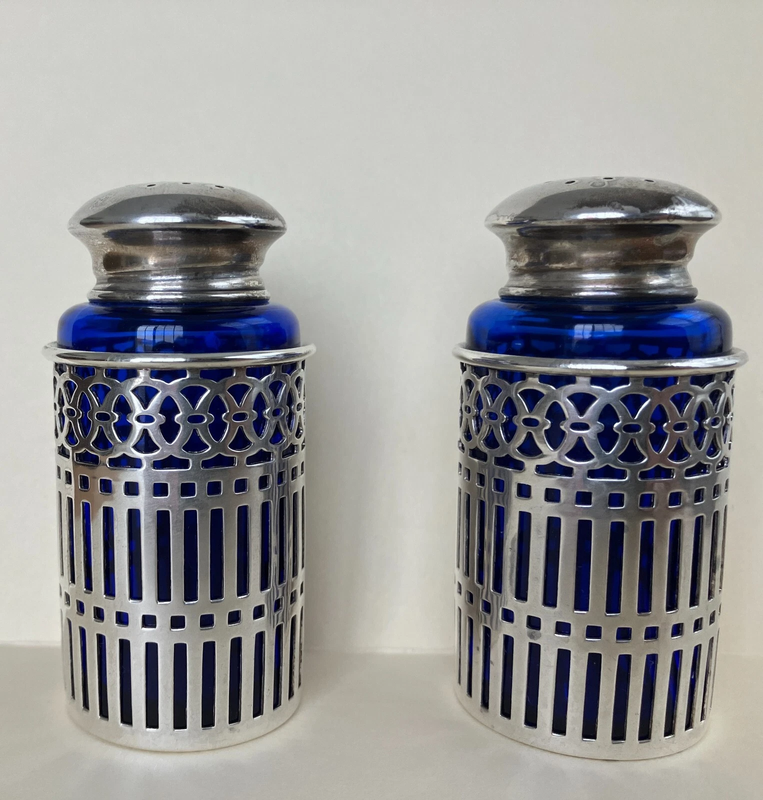 Antique Sterling Silver Ornate Salt & Pepper Shakers with Cobalt Glass inserts