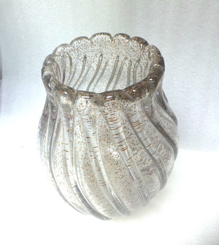 LARGE MURANO VENETIAN RIBBED ART GLASS BOWL VASE WITH GOLD - Picture 2 of 7