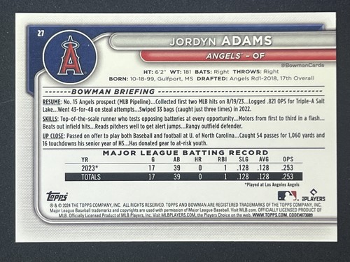 JORDYN ADAMS RC 2024 Bowman Rookie Card #27 Los Angeles Angels - Picture 2 of 2