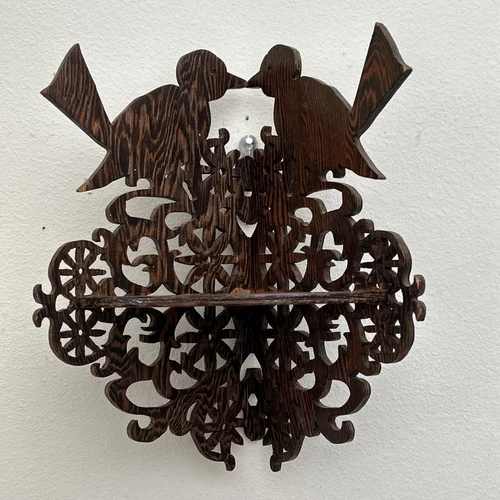 Vintage Antique Oak Veneer Scroll Cut Birds Corner Wall Curio Shelf