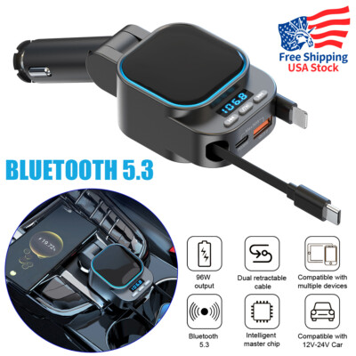 Bluetooth 5.3 Car FM Transmitter 96W PD Type-C+QC3.0 Fast Car Charger MP3 Player