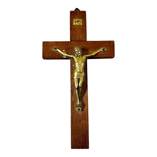 Vintage Holz Kruzifix INRI Messing Jesus - 8" hoch 4,5" - religiöse Wandkunst