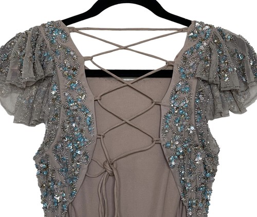 Mac Duggal 5689 Embellished Cut Out Lace Up Cap Sleeve Gown Sz 10 Nude $598 - Picture 11 of 21