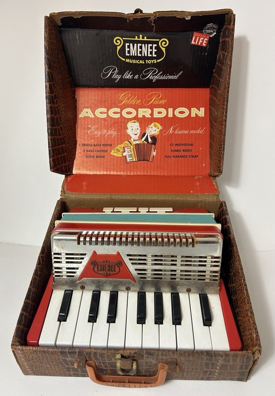 Vintage Emenee Golden Piano Toy Accordion Produced In The 1950s