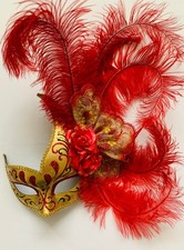 Venetian Mask - Red  Gold w/ Feathers Made in Italy 