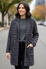 Becool Coatigan Sweater Women M/L Gray Black Houndstooth Notch Lapel Single Vent