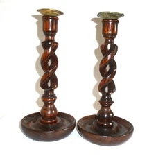 Pair of 10" Antique Solid Oak Open Twist Candlesticks with Brass Tops