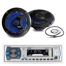 Pyle Bluetooth Marine Radio, 2x 6.5'' 150W Multicolor LED Black Speaker, Antenna