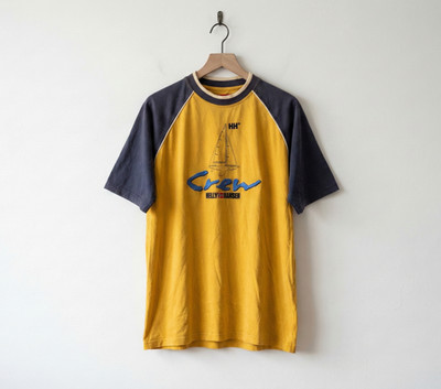 Vintage 80s Helly Hansen T-Shirt L Sailing Crew Raglan Yellow Navy Nautical