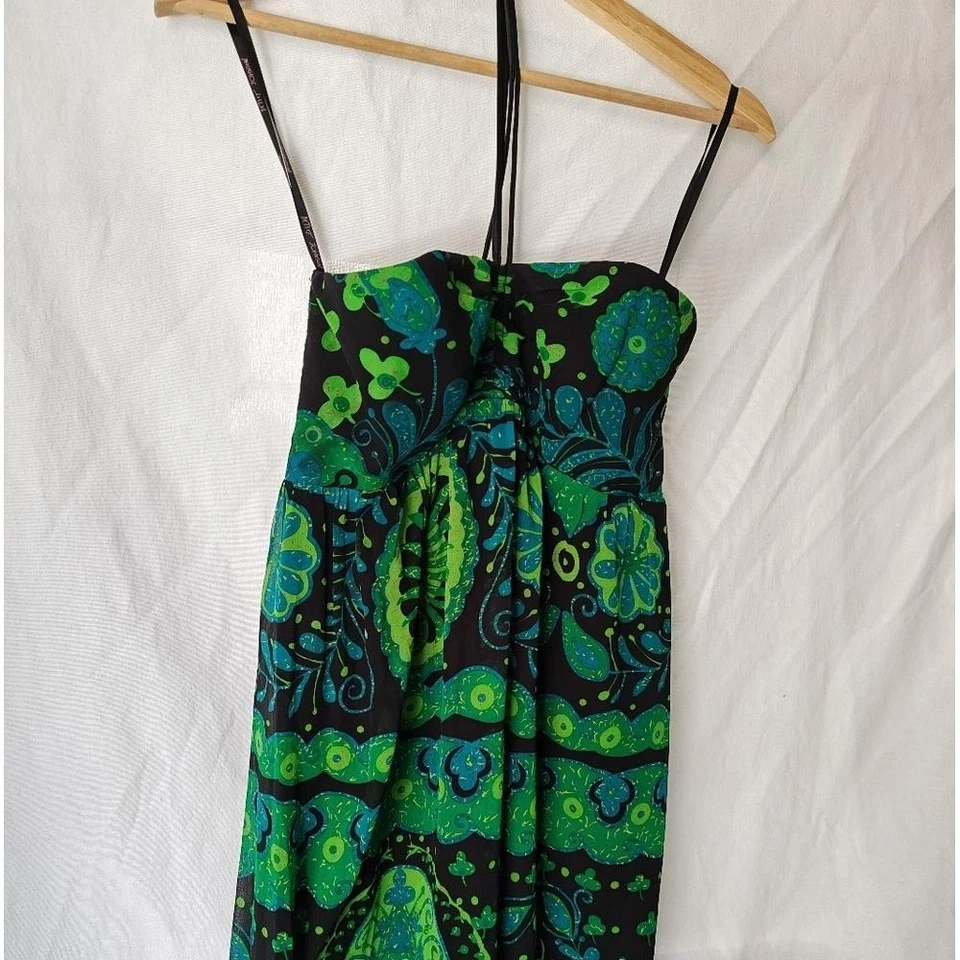 Vestido Betsey Johnson Seda Maxi Halter Paisley Trébol Vestido Mal de Ojo Verde Azul 6 Foto 4 de 4