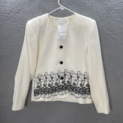 Vintage Casual Corner Jacket Womens 8 White Black Embroidered Wool Blazer 90s