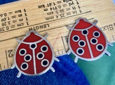 Sterling Silver Lady Bug Earrings Vintage 3/4" x 3/4" Clip On Red Enamel