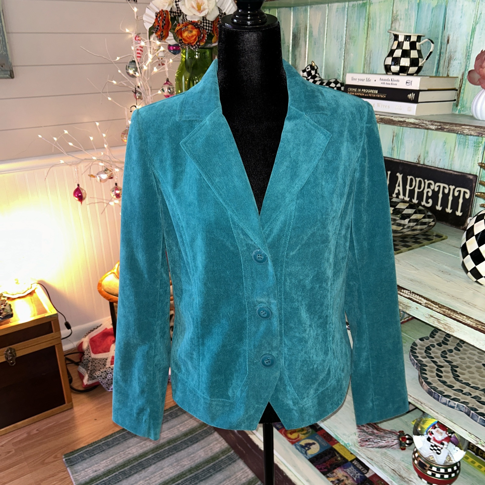 Vintage R.Q.T. Turquoise Green Corduroy  Buttoned Jacket Blazer Petite Medium