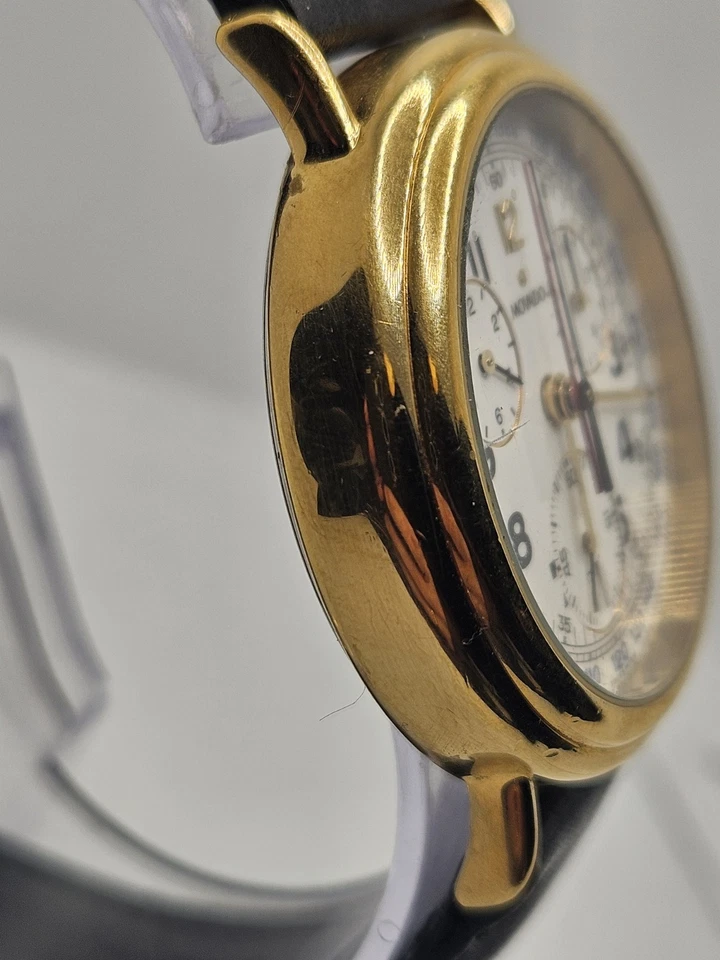 Movado Chronograph Uhr 38mm White Dial Gold Tone Date 87.A5.860 New Batt - Bild 3 von 4