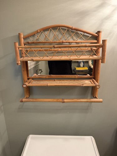 Vintage, MCM Bamboo/Rattan Wall-Mounted Bathroom Towel Bar 2 Shelves EUC