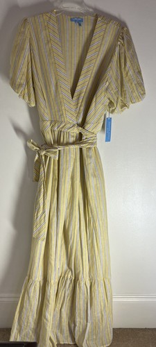 Draper James RSVP Yellow Striped Wrap Maxi Dress Puff Sleeve Cotton Linen Summer