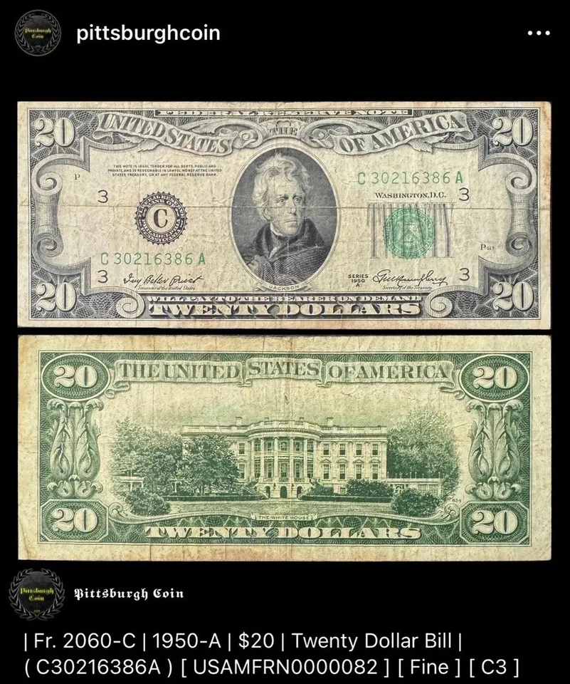 1950-A $20 Twenty Dollar Bill Philadelphia PA Vintage Banknote FR 2060-C C3 - Image 2 of 2