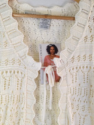 Vtg Y2K 90s Crochet Cardigan Womens L (12/14) Open Knit Cottagecore Boho Grandma