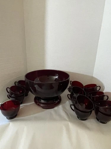 VTG MCM Ruby Red Royal Rudy Anchor Hocking 19 PC Punch Bowl Base 17 Cups Handles