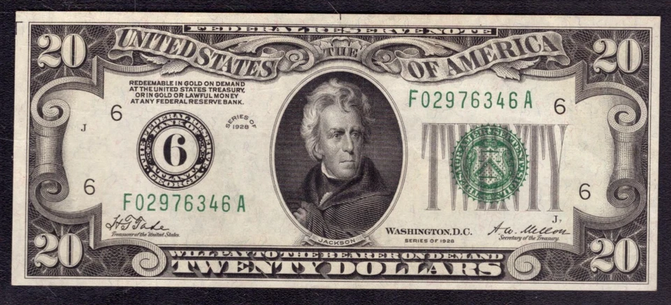1928 $20 FEDERAL RESERVE NOTE ATLANTA FR.2050-F NUMERICAL SEAL PCGS AU 58 PPQ - Image 3 of 4