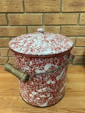 Vintage Red & White Mottled Swirl Granite ware Enamelware Pail Bucket & Lid