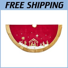 Red and Gold Tree Skirt 48-Inch Religious Nativity Scene