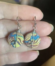Earrings Artisan Wire wrap Handmade Art Poly Clay Abstract Blue Yellow Red  JMe