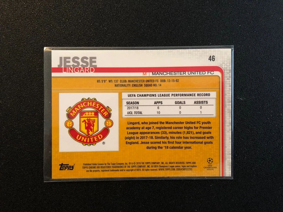 2018-19 Topps Chrome UEFA Champions League Soccer Jesse Lingard Manchester Utd - Image 2 of 2