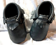 SnuggleRoo Infant Baby Shoes/Moccasins Navy Blue Elastic/Fringe/Leather
