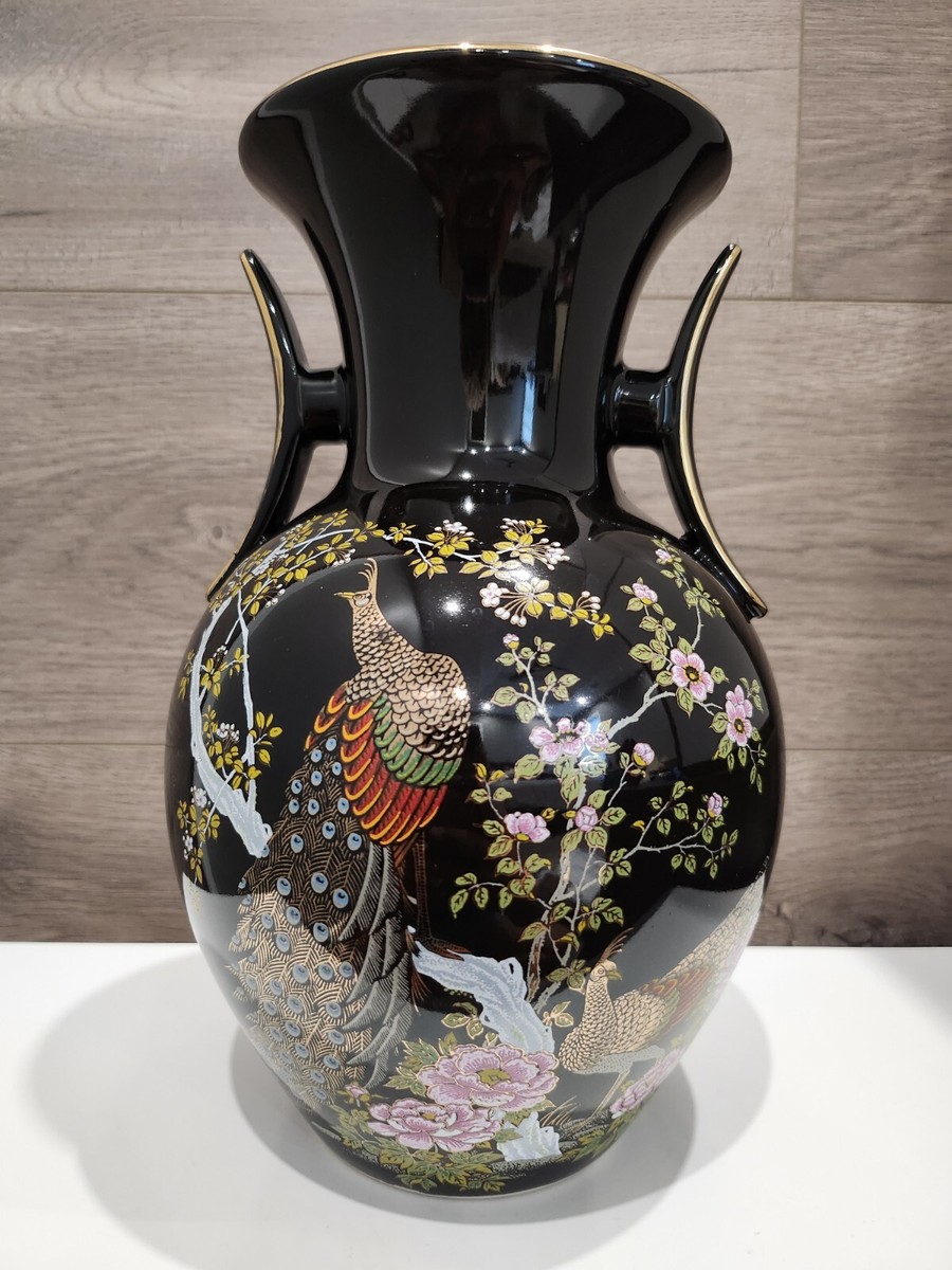 Vintage Porcelain Double Handled Asian Vase with Peacock Design Gold Rim 10