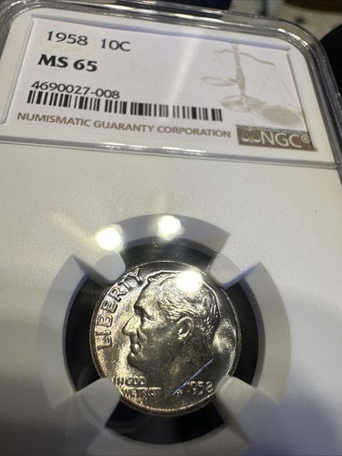 Toned 1958 Roosevelt Silver Dime NGC MS 65~Hint of ๐ On Reverse