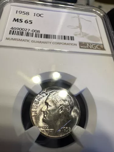 Toned 1958 Roosevelt Silver Dime NGC MS 65~Hint of 🌈 On Reverse