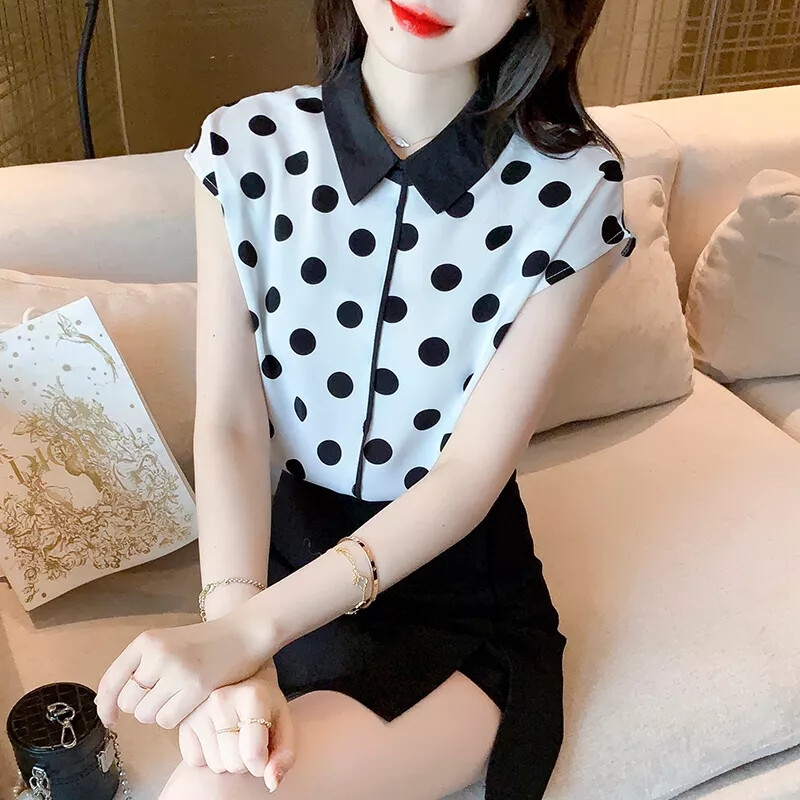 Camisa Blusa Mujer Camiseta Mangas Blanca Negra Lunares Chiffon 22262