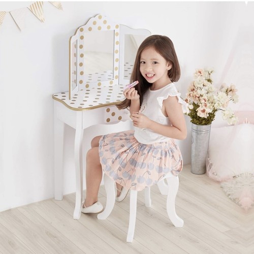Teamson Kids Princess Gisele Polka Dot Print 2-Piece Kids Wooden Play Vanity - Picture 2 of 8