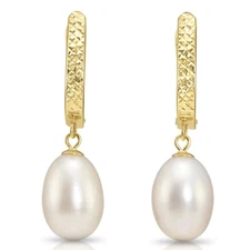 14K Real Solid Gold 12MMx8MM Natural Freshwater Pearl Dangle Drop Oval Earrings