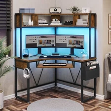 Triangle Corner Computer Desk with Keyboard Tray Small Office Desk w/ LED Lights