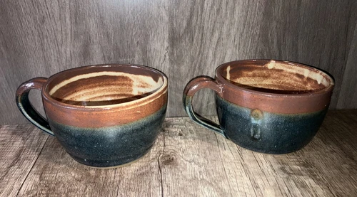 Handmade Studio Art Pottery ~ Soup Mug Cups w/Handles ~ Signed