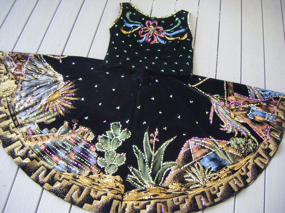 Vtg 50s FLECHADOR DEL SOL Mexican Velvet Sequin Top Skirt-Bust 41/Waist 28