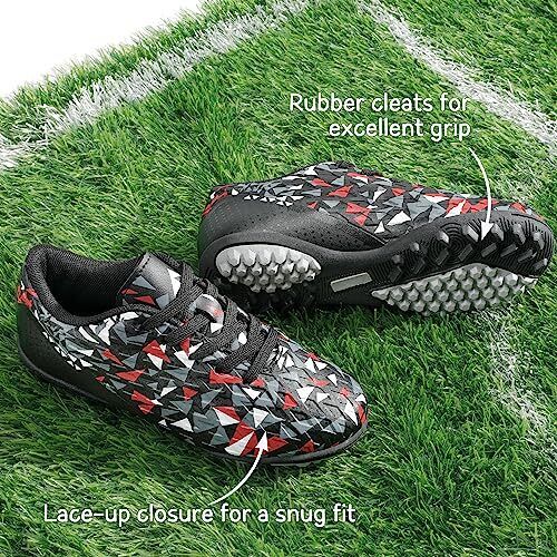 Boys Girls Turf Indoor Soccer Shoes Lace Up Cleats for 12 Little Kid Black/Red - Picture 3 of 7