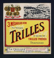 France VIN TONIQUE TRILLES Apéritif * Vintage 1910s Litho Label / Etikett