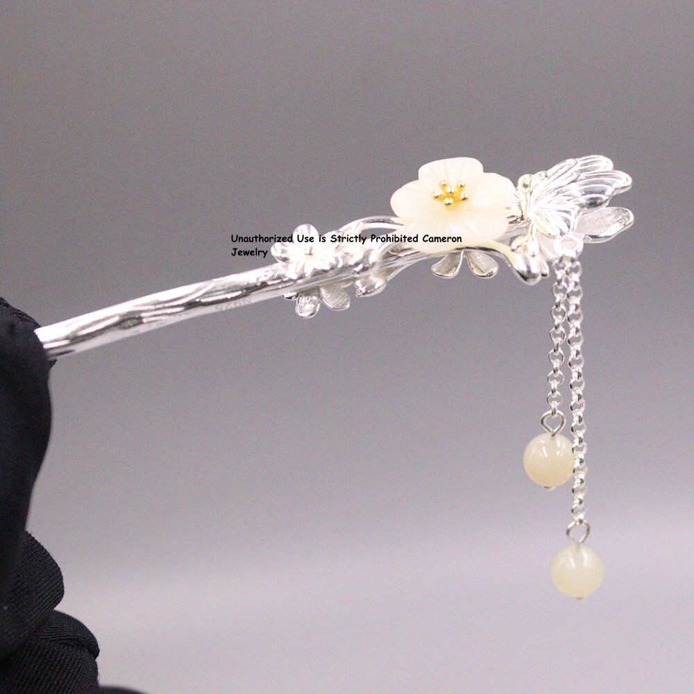 Pure S925 Sterling Silver Hairpin Natural Jade Peach Flower Hair Stick 5.7inch