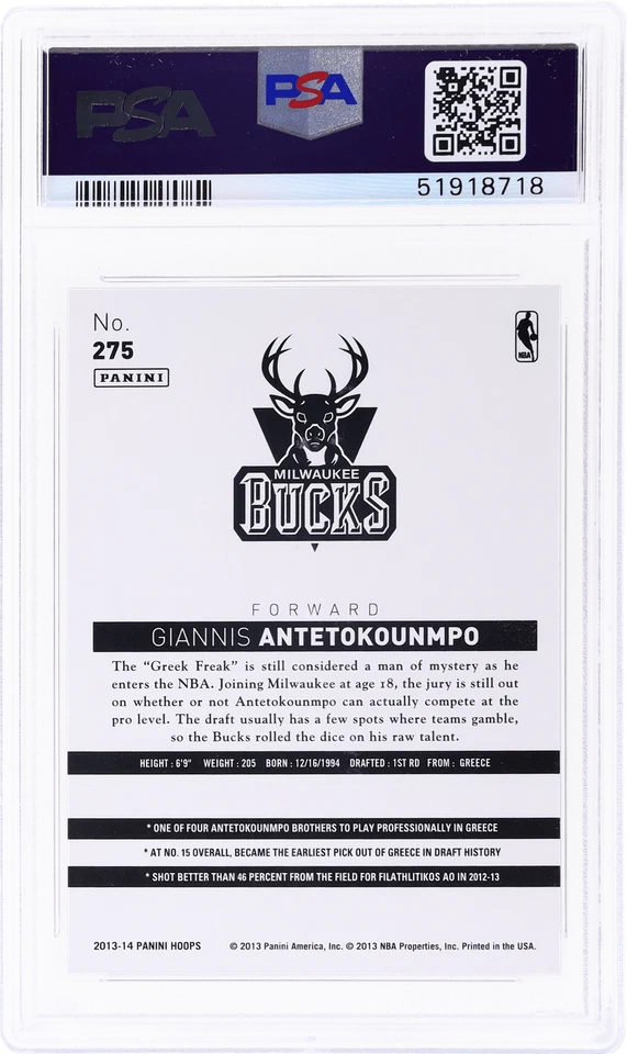 2013 Panini Hoops Giannis Antetokounmpo Gold #275 PSA 9 Rookie RC - Image 2 of 2