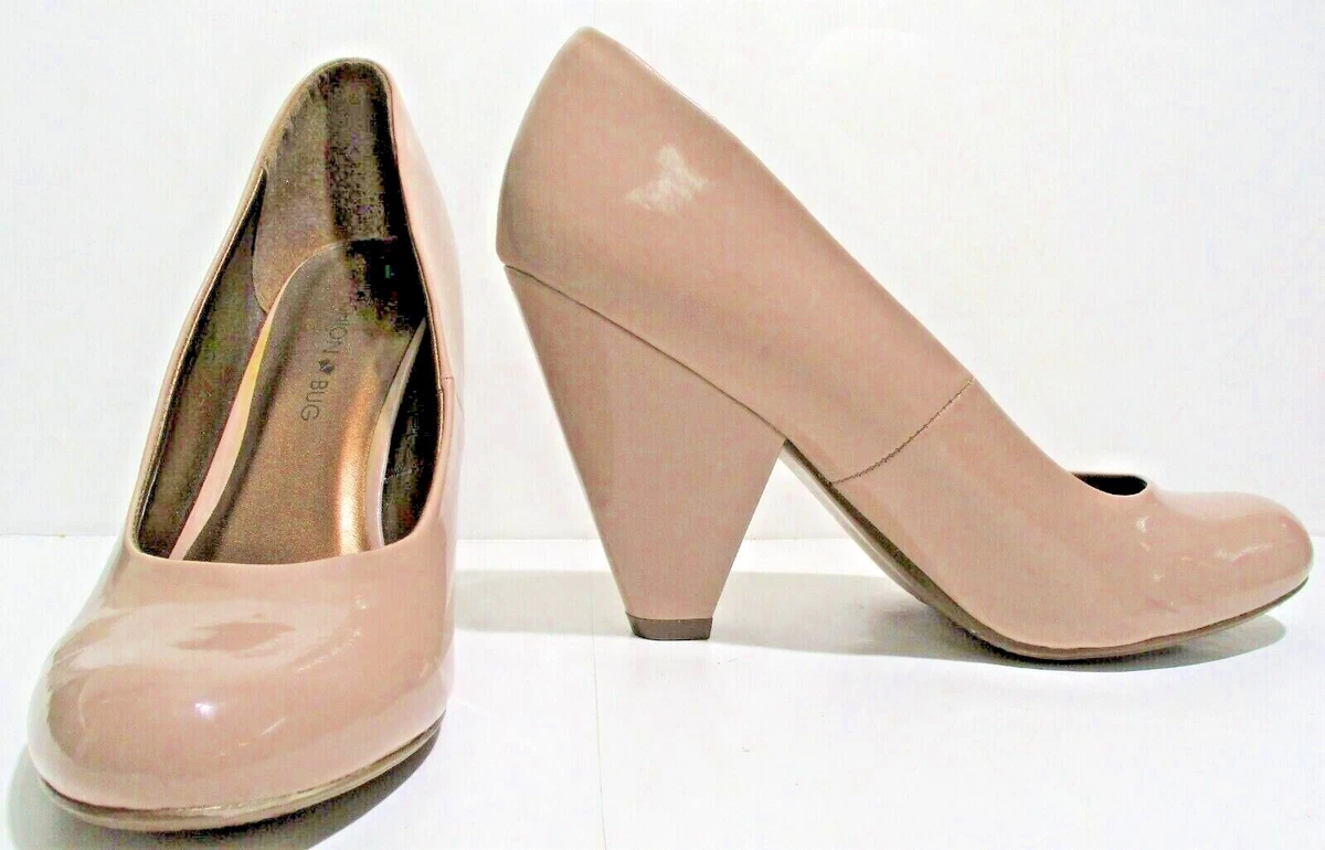 Fashion Bug Taupe Tan Shiny Patent 3 Stacked Heels Size 9.5 New Without  Box